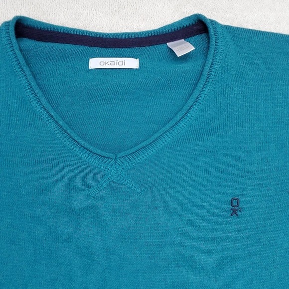 Youth Okaidi Cashmere V-neck Sweater Elbow Patches L 12 A/Y 150cm Wool Cotton - Picture 2 of 11